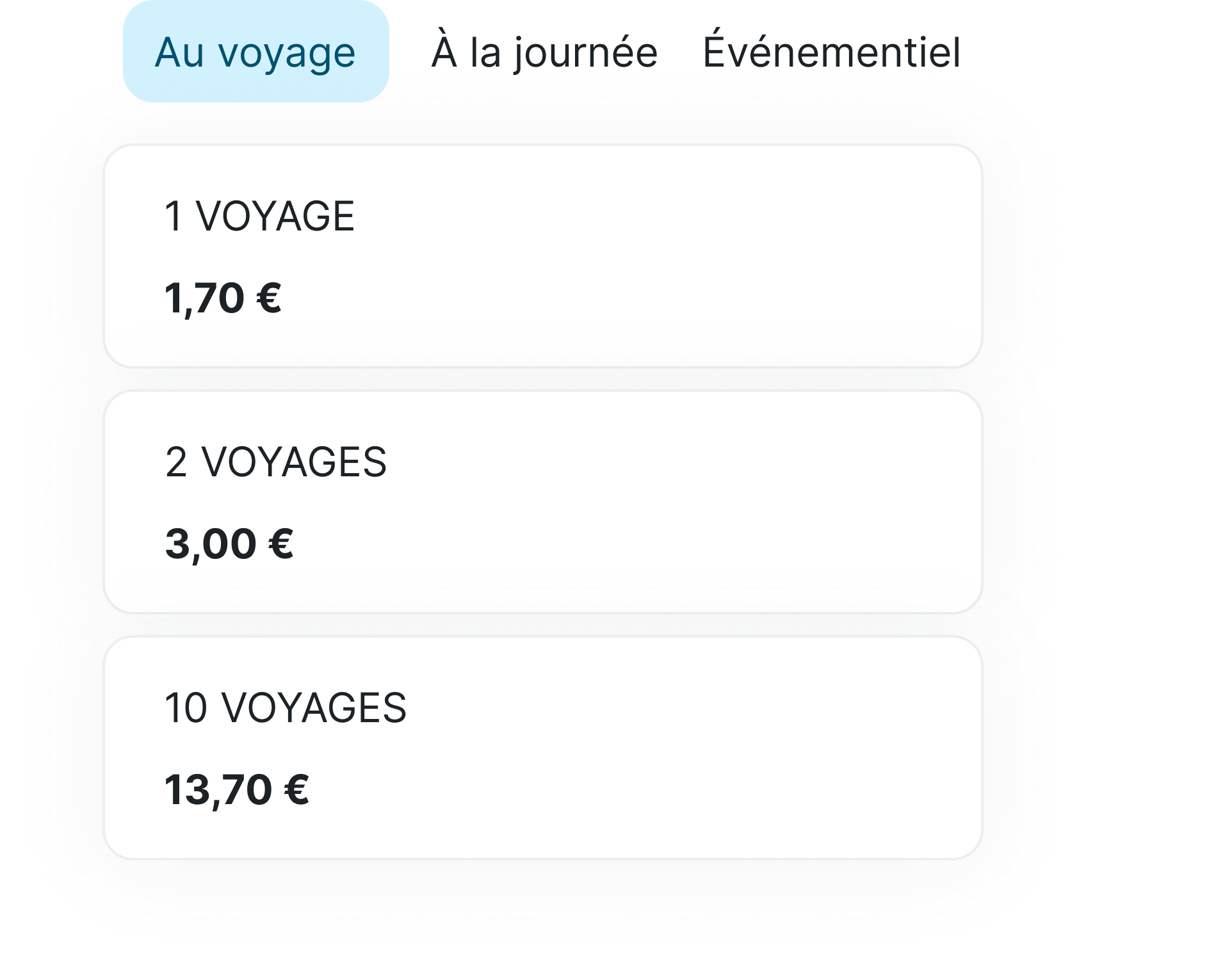 Propositions de plusieurs tickets avec des prix différents selon le nombre de voyage